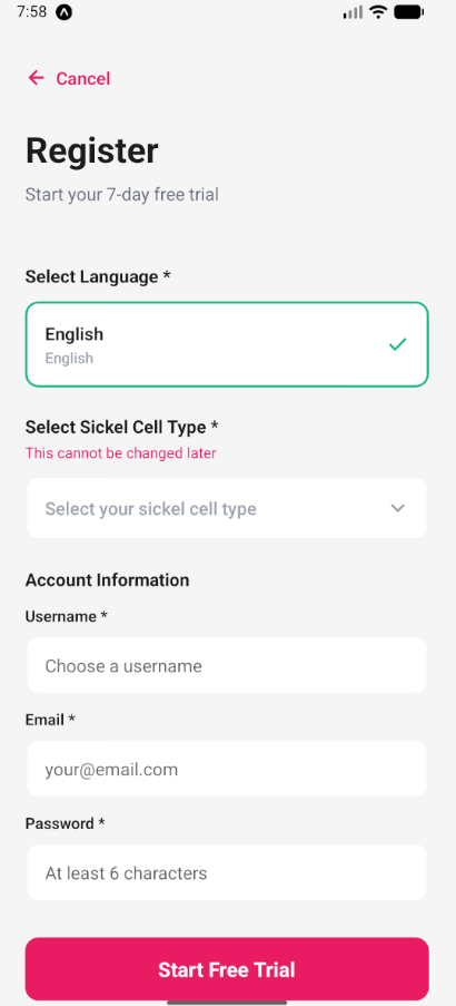 Registration screen